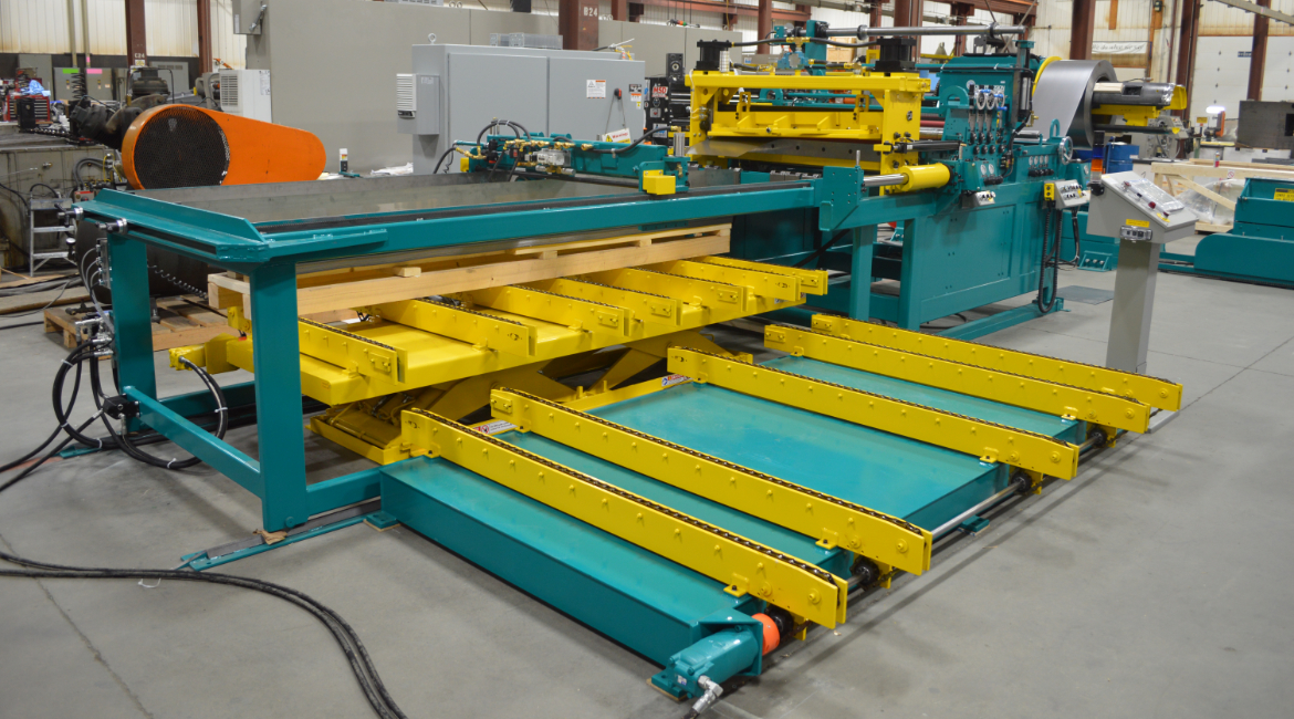 cut-to-length, CTL, blanking, cut line, stock reel, uncoiler, drop-in uncoiler, multi-coil uncoiler, coil reel, payoff reel, motorized uncoiler, powered uncoiler, coil car, coil loading car, coil loading & storage car, straightener, powered stock straightener, stock straightener, metal coil straightener, peeler table, peeler/threader table, peeler blade, flying shear, flying cutoff, cutoff shear, motorized flying shear, traveling shear, vinyl applicator, plastic applicator, top-surface applicator, top surface vinyl applicator, close tolerance, close tolerance package, computerized control, touchscreen, touchscreen HMI, autostacker, stacker, drop stacker, sheet stacker, lift table, stack table, runout conveyor, roller conveyor, stack conveyor